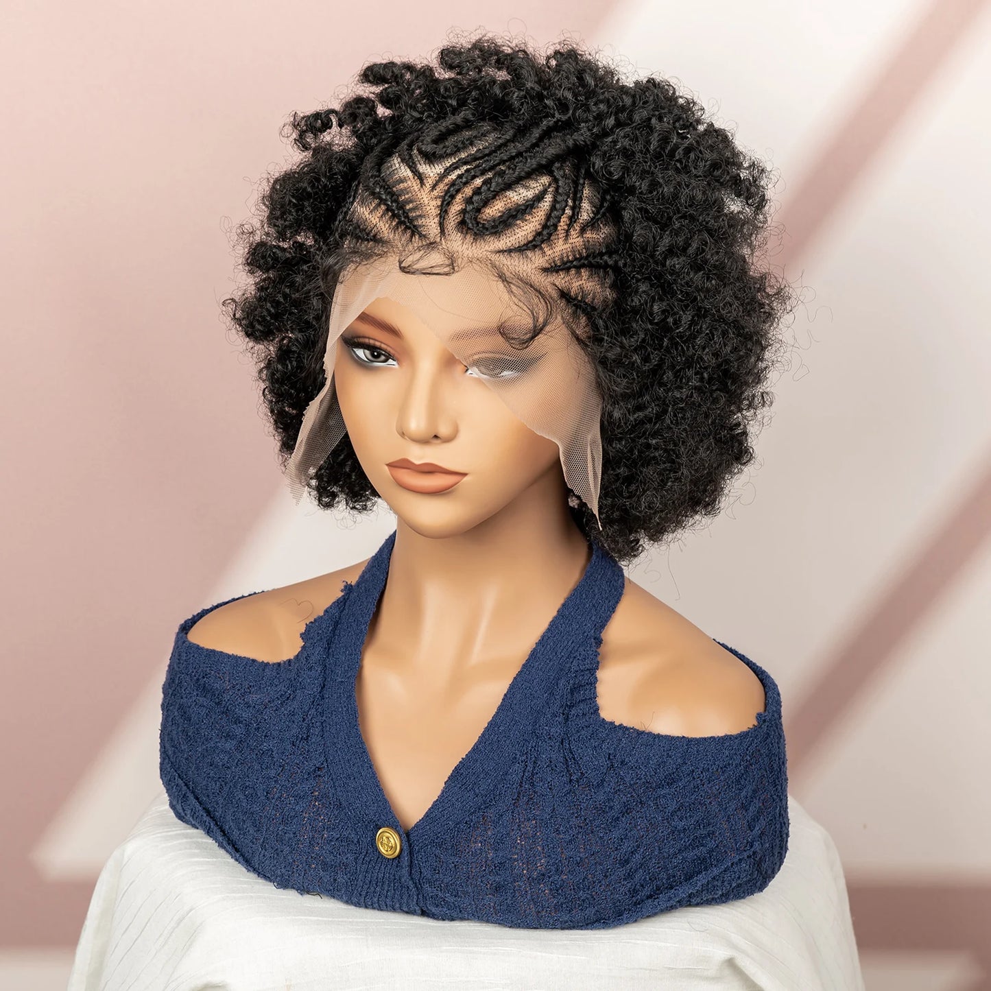 Peruca Afro Cacheada Curta 15cm - Jô Full Lace Sintética com Tranças