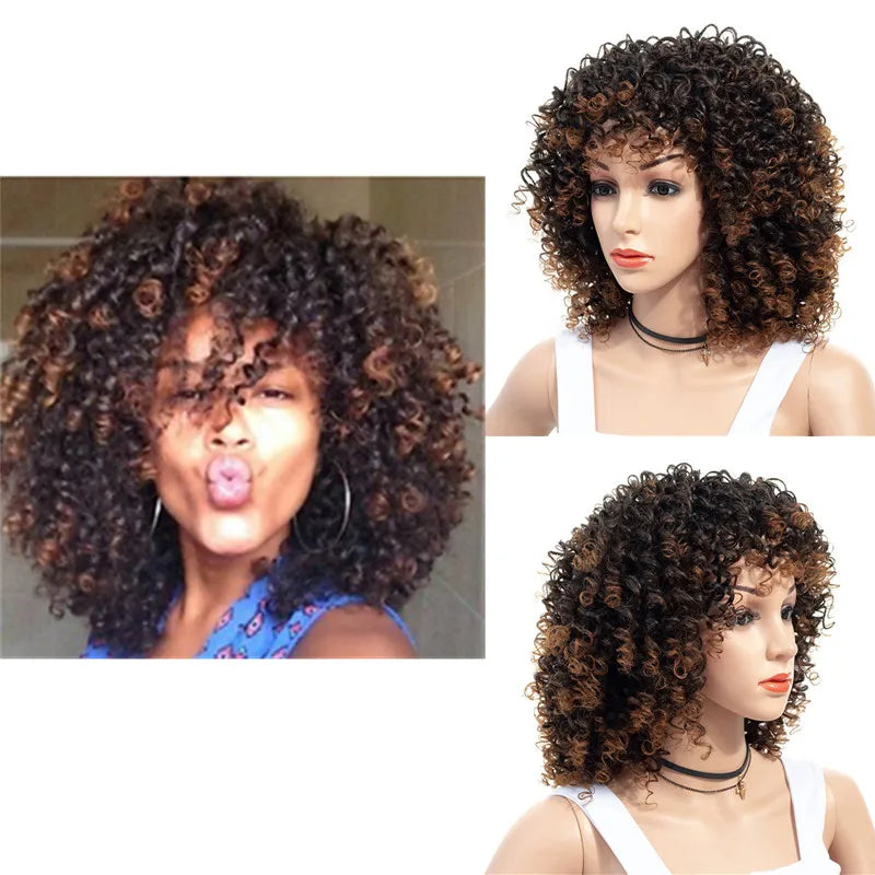 Peruca Angélica Médio Kinky Encaracolada com Franja – Estilo Afro Elegante e Moderno
