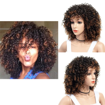 Peruca Angélica Médio Kinky Encaracolada com Franja – Estilo Afro Elegante e Moderno
