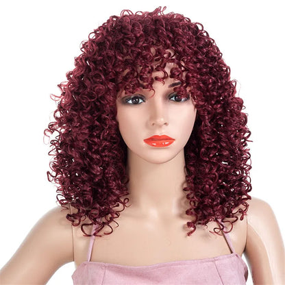 Peruca Angélica Médio Kinky Encaracolada com Franja – Estilo Afro Elegante e Moderno