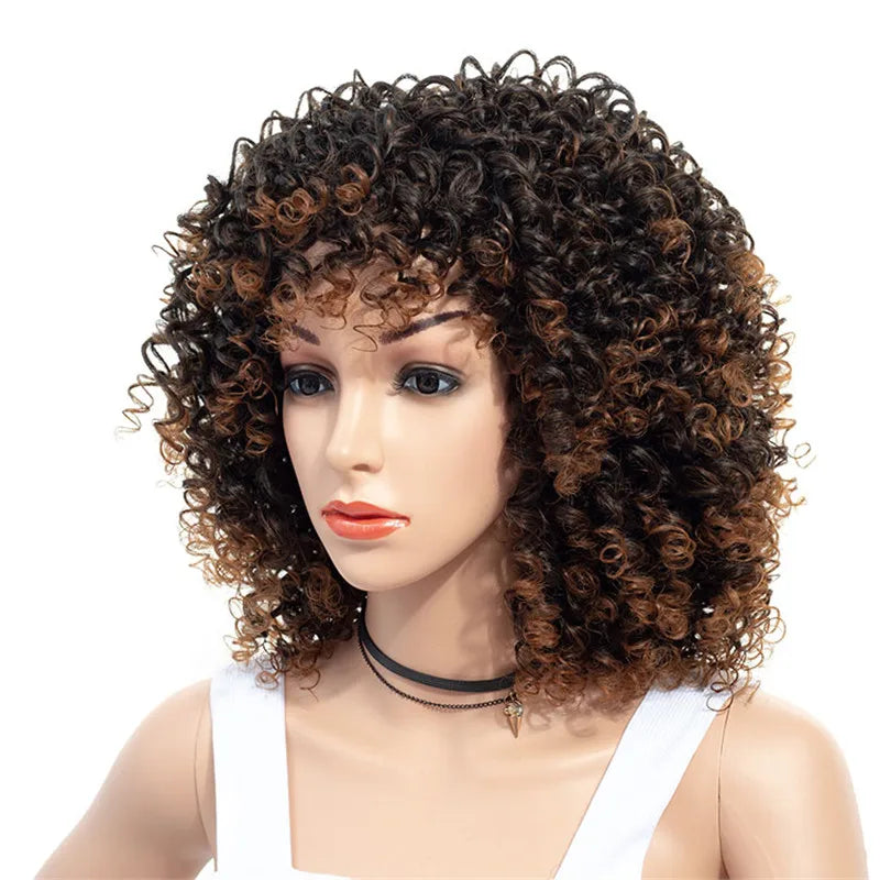 Peruca Angélica Médio Kinky Encaracolada com Franja – Estilo Afro Elegante e Moderno