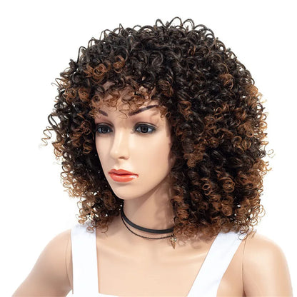 Peruca Angélica Médio Kinky Encaracolada com Franja – Estilo Afro Elegante e Moderno