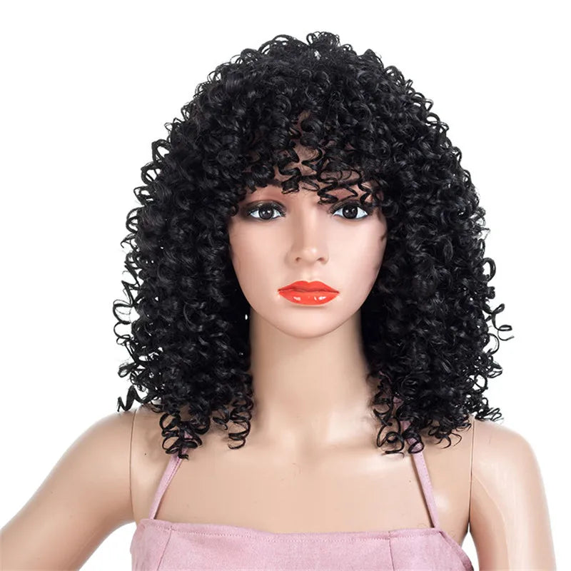 Peruca Angélica Médio Kinky Encaracolada com Franja – Estilo Afro Elegante e Moderno