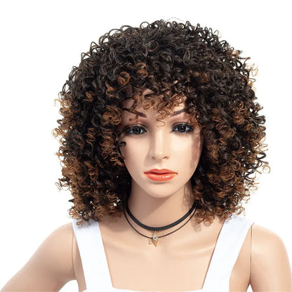 Peruca Angélica Médio Kinky Encaracolada com Franja – Estilo Afro Elegante e Moderno