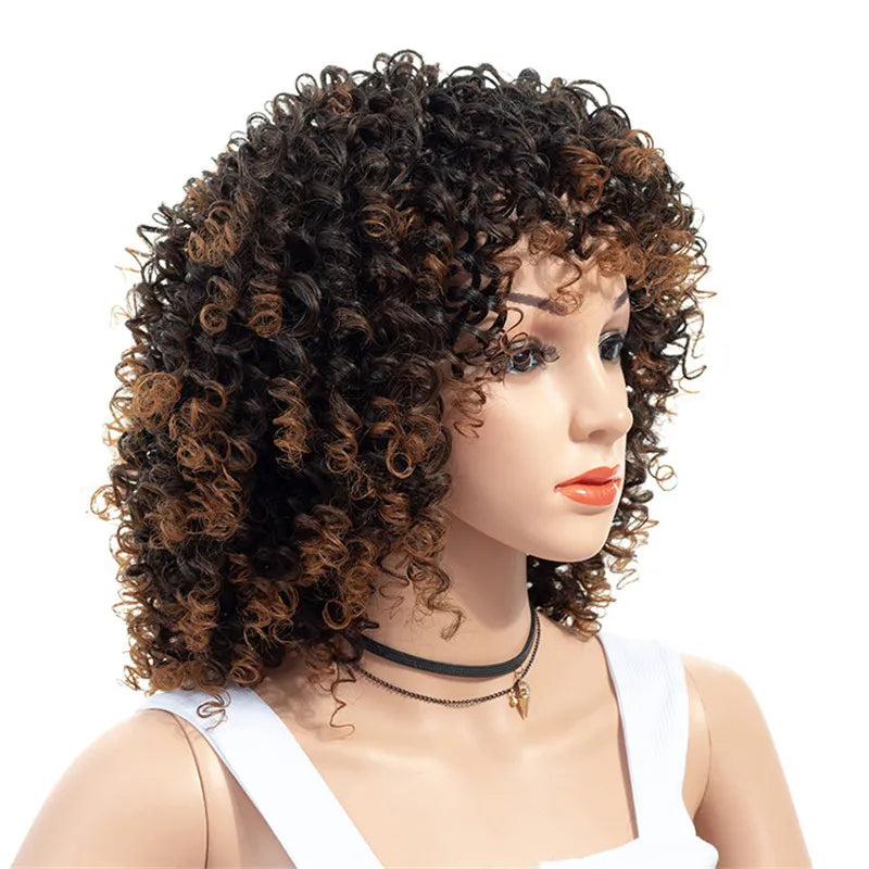 Peruca Angélica Médio Kinky Encaracolada com Franja – Estilo Afro Elegante e Moderno