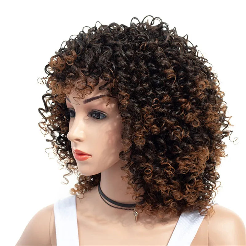 Peruca Angélica Médio Kinky Encaracolada com Franja – Estilo Afro Elegante e Moderno