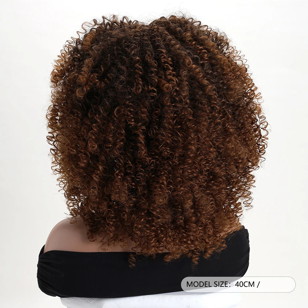 Vic – Peruca Afro Cacheada Castanha com Franja | Fibra Sintética Macia e Fofa, Sem Renda – Ideal para Festas, Cosplay e Uso Diário